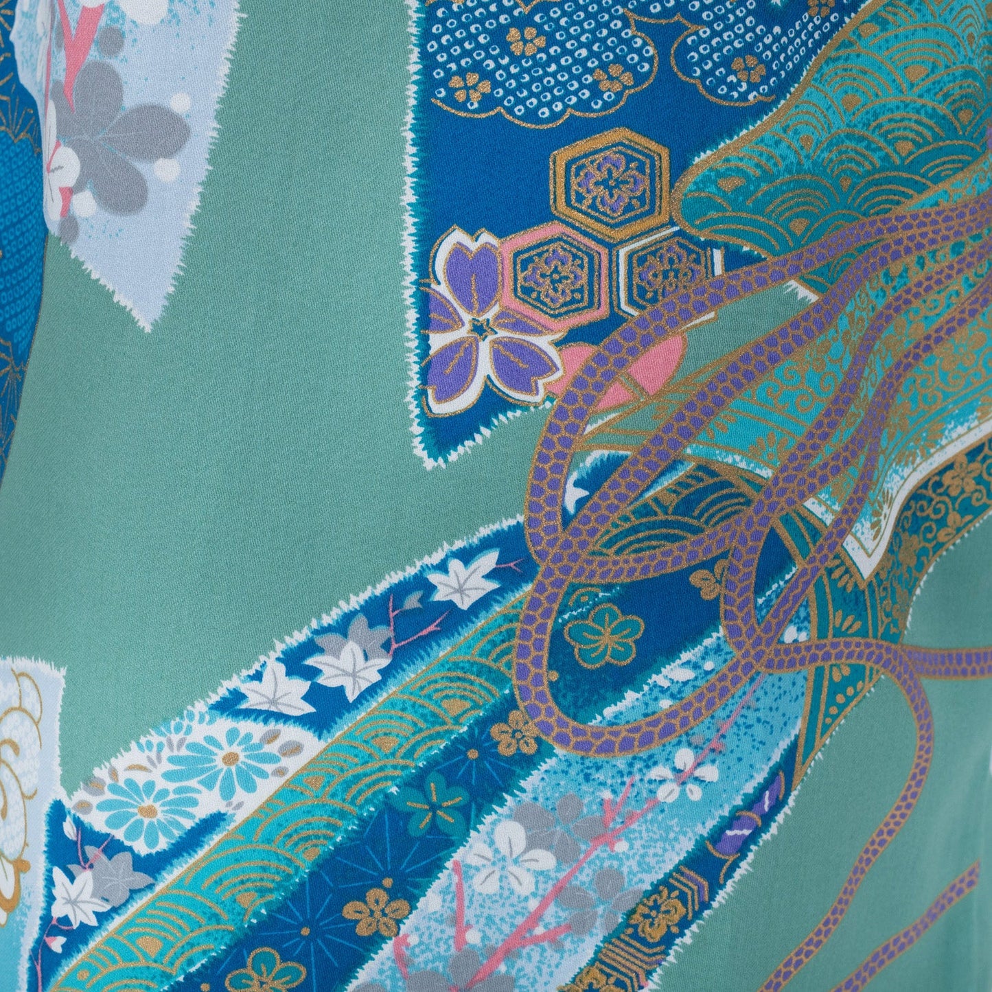 Age 10 to 11 Green Ribbon Cotton Japanese Girls Kimono close up