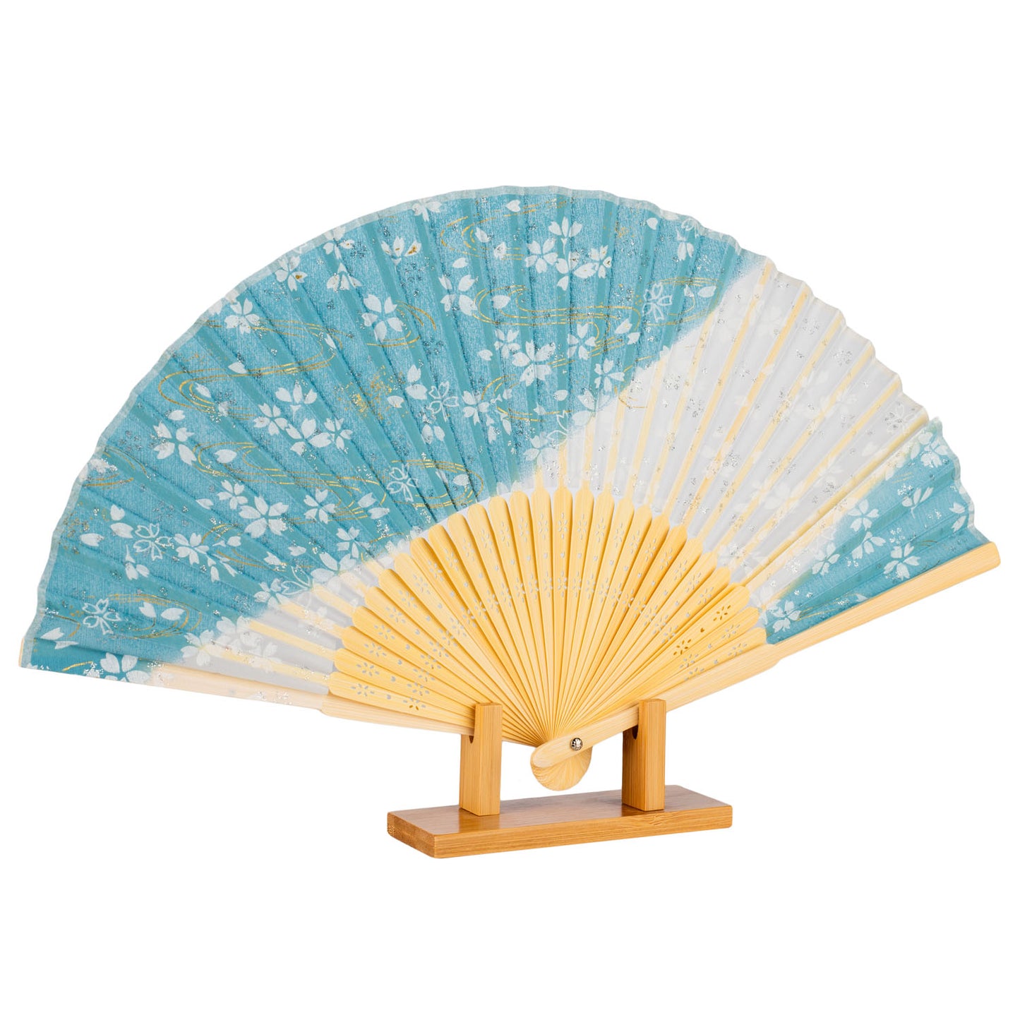 Baby Blue Cherry Blossom Japanese Folding Fan and stand