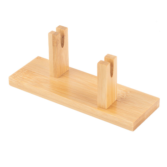 Wooden Japanese fan stand with curved supports, designed to hold and display a traditional folding fan upright.