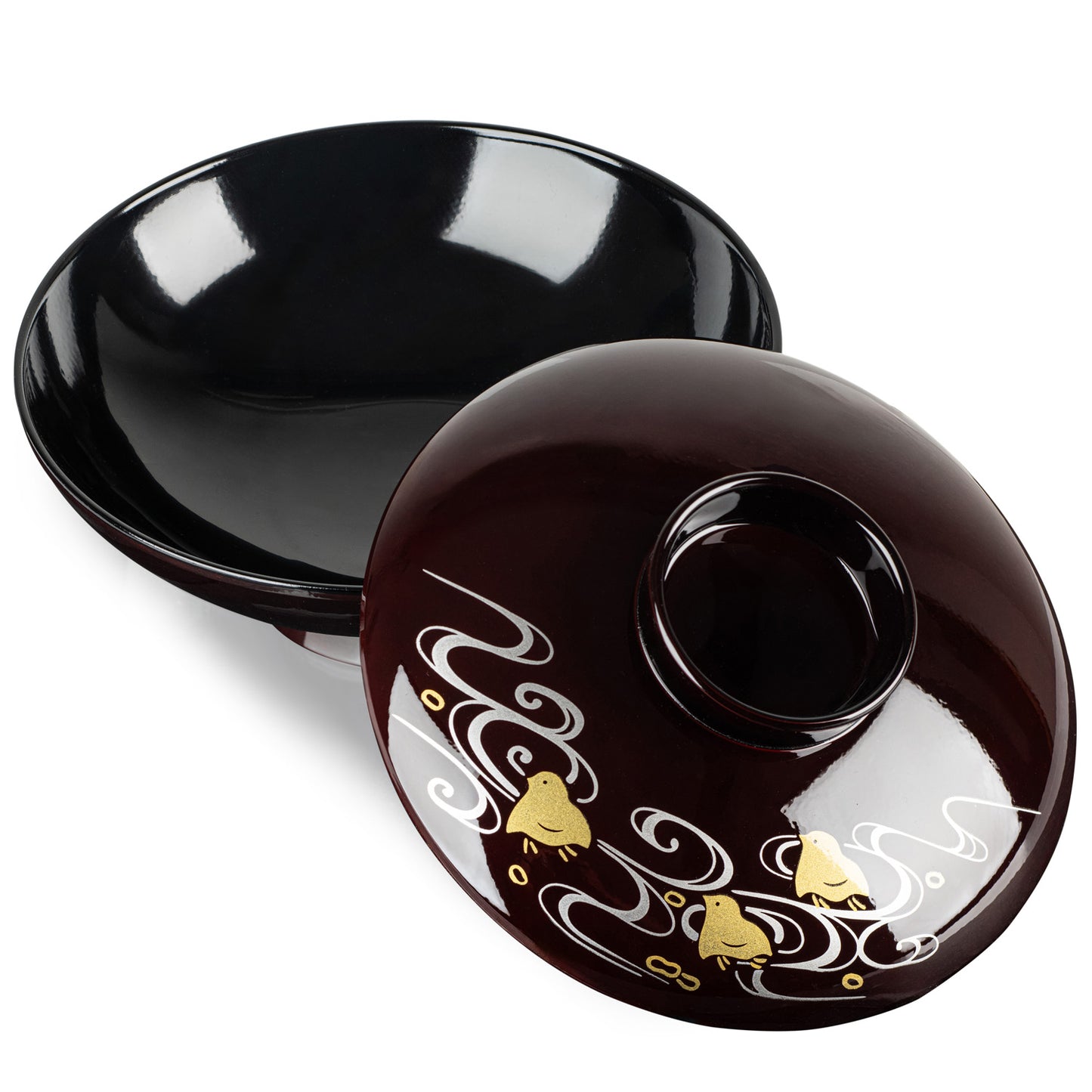 Birds Flying Over Waves Japanese Lacquer Bowl and Lid open