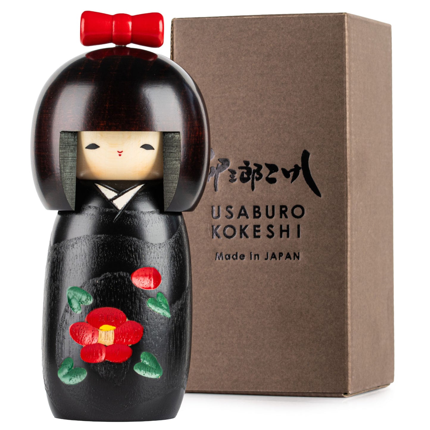 Black Camellia Japanese Kokeshi Doll and gift box
