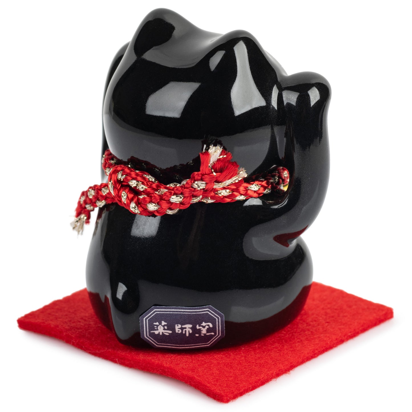 Black Good Health Japanese Lucky Cat and Red Cushion back
