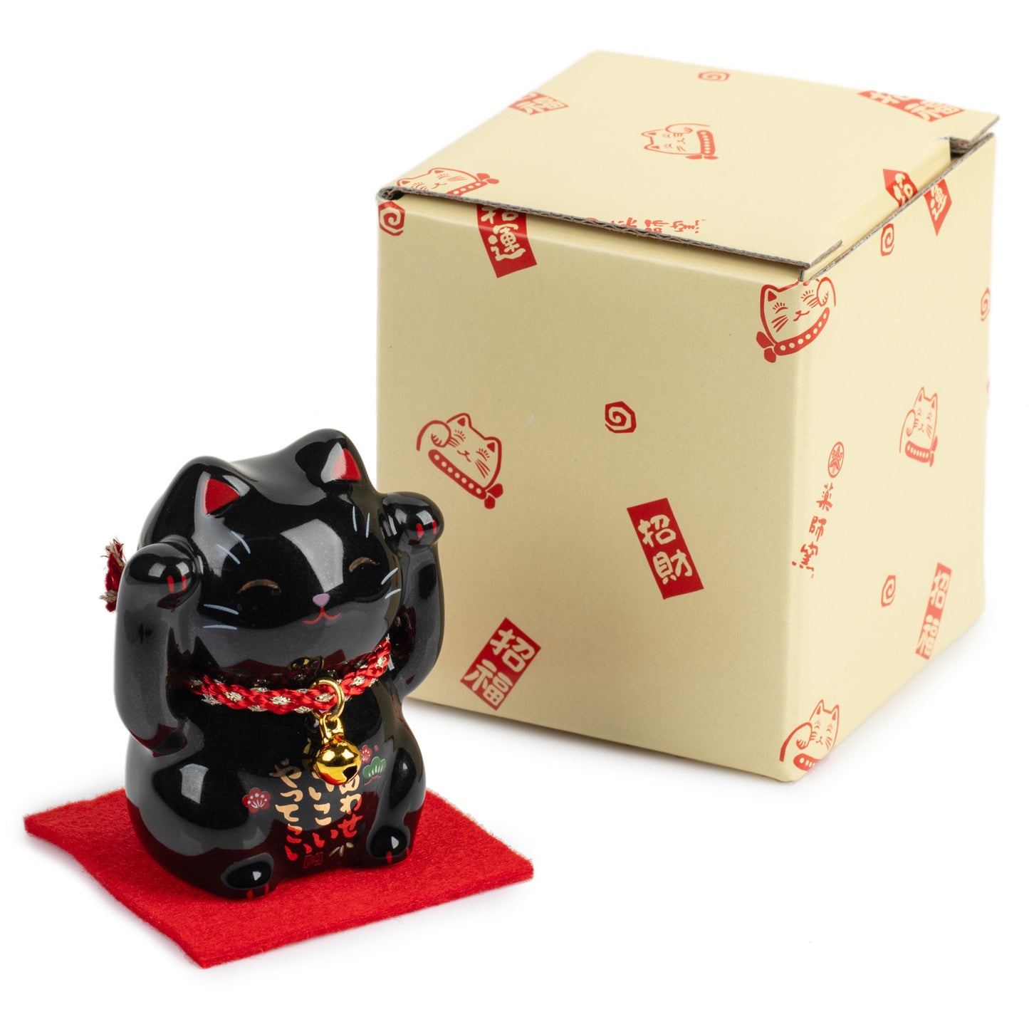 Black Good Health Japanese Lucky Cat and Red Cushion and gift box