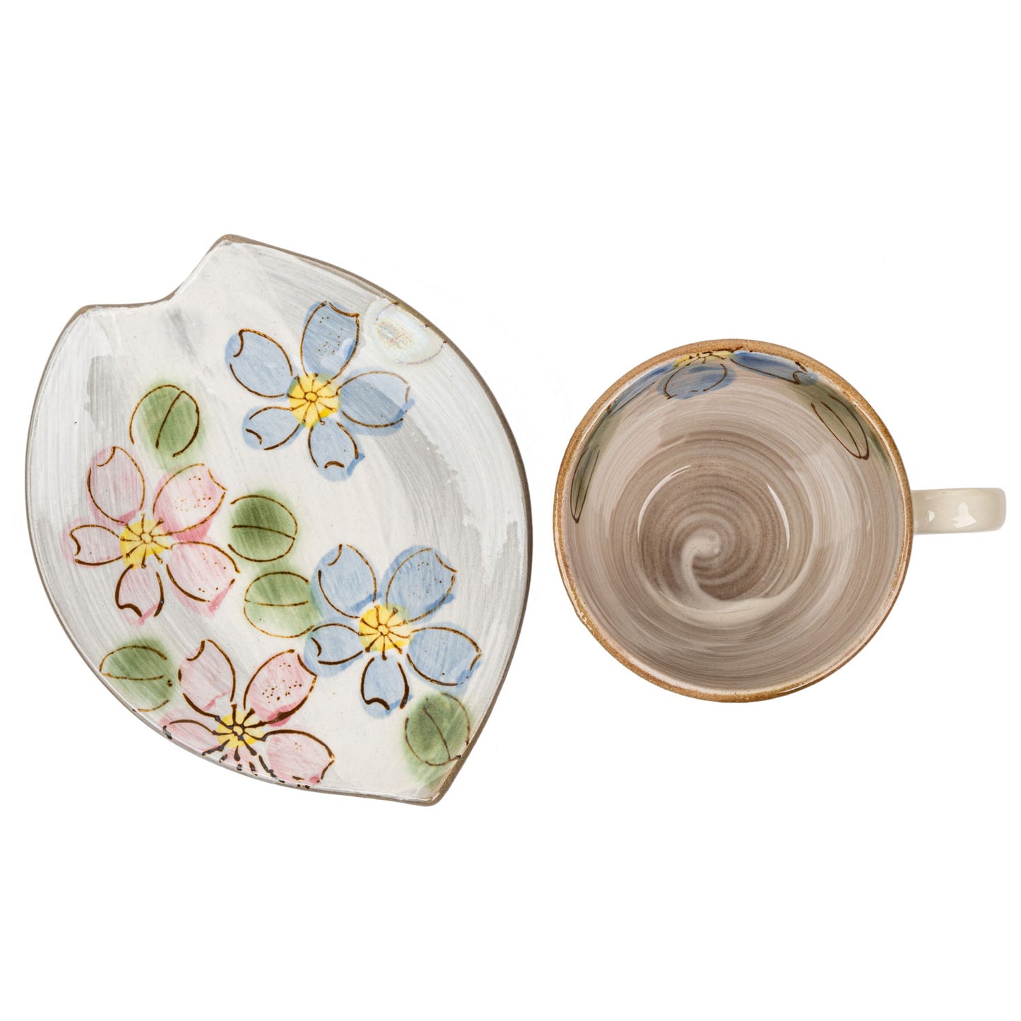 Blue and Pink Sakura Japanese Cup and Saucer top