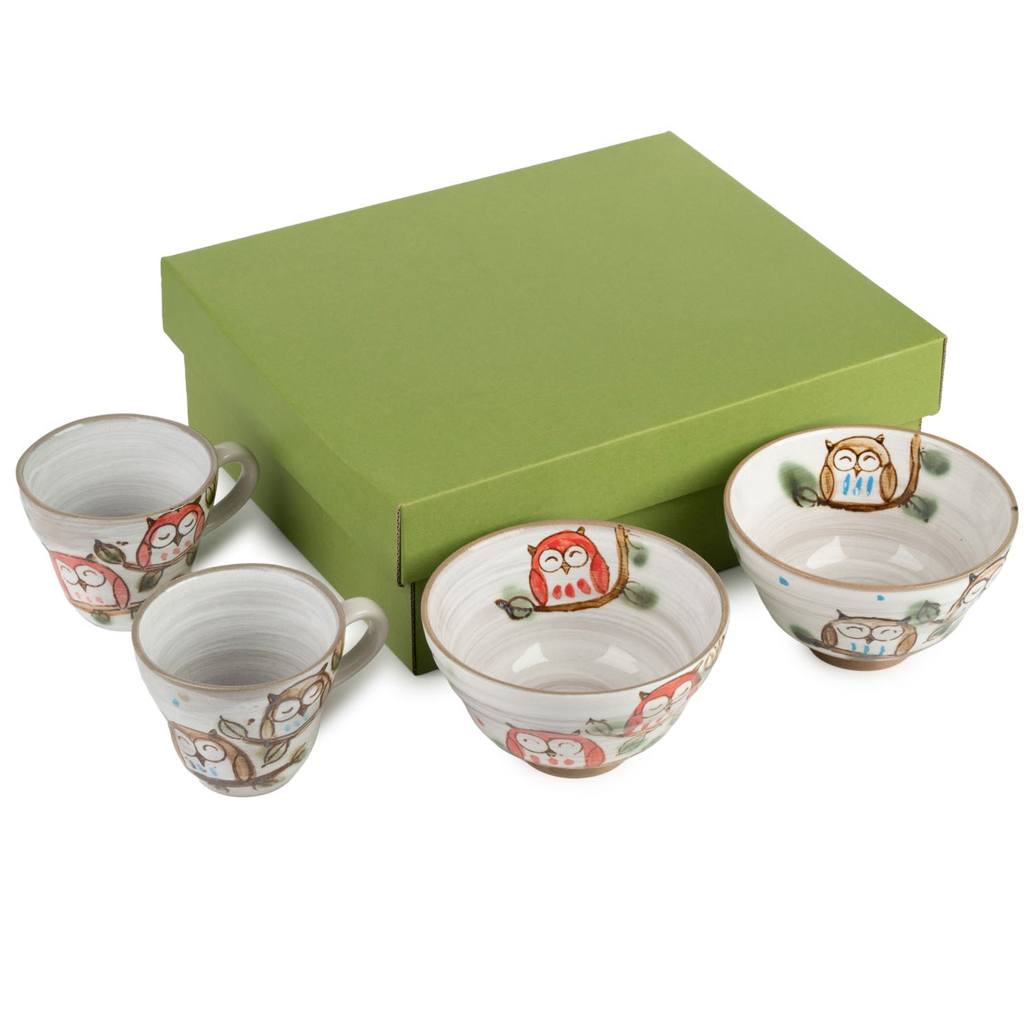 Blue and Red Owl Japanese Rice Bowl and Cup Set and gift box