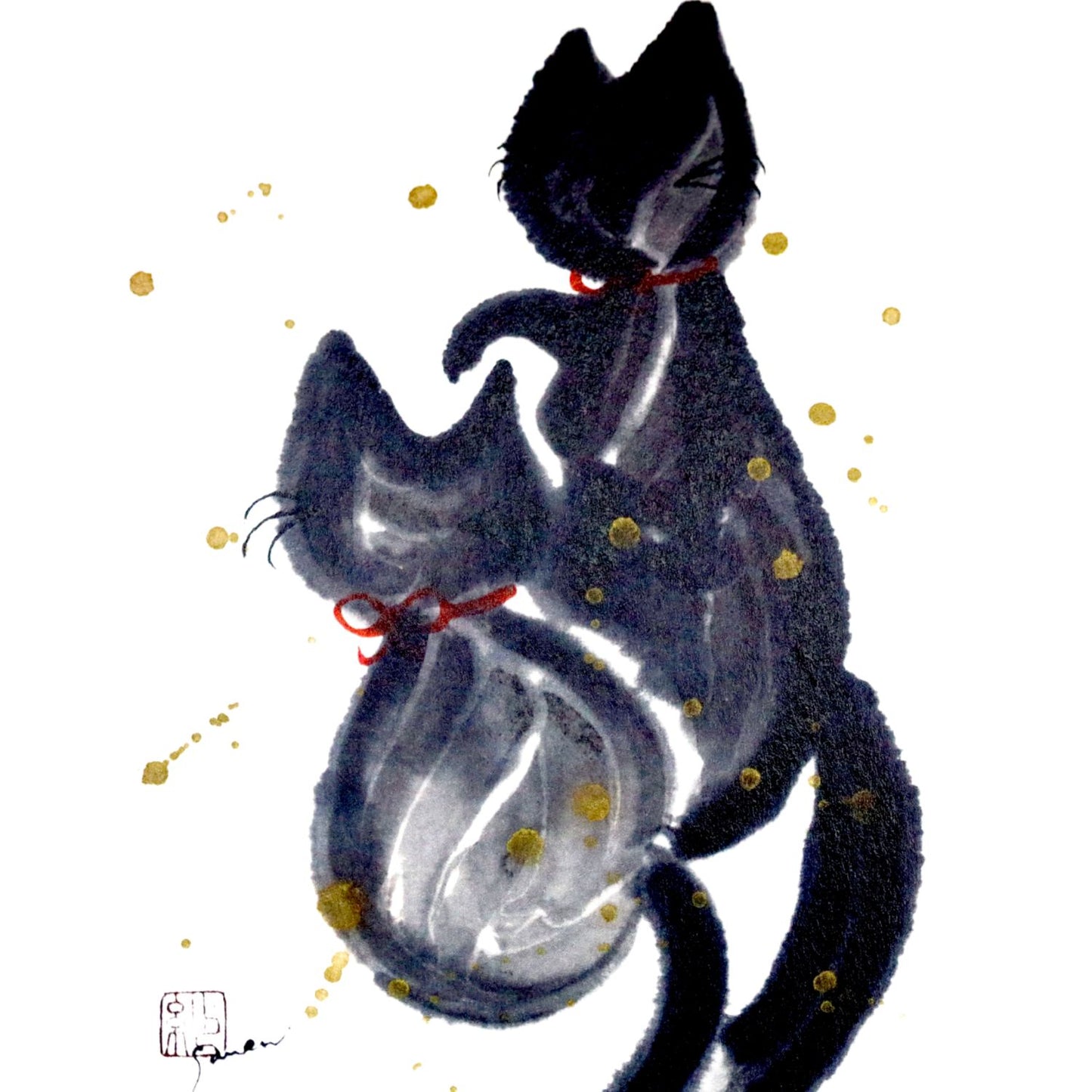 Cats In Love Black Frame A5 Japanese Print close up