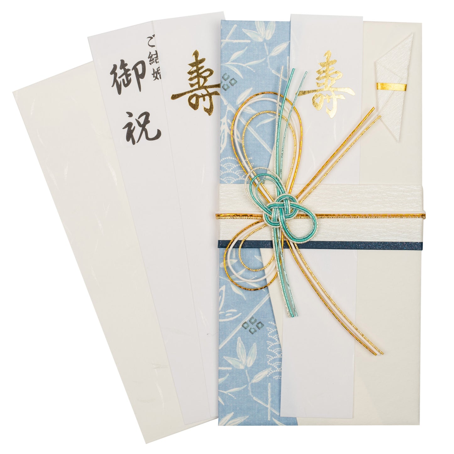 Cool Blue Sky Gold Knot Japanese Wedding Card open