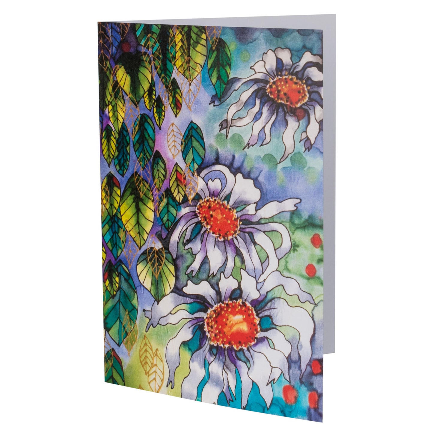 Dog Daises and Falling Leaves Silk Painting Greetings Card