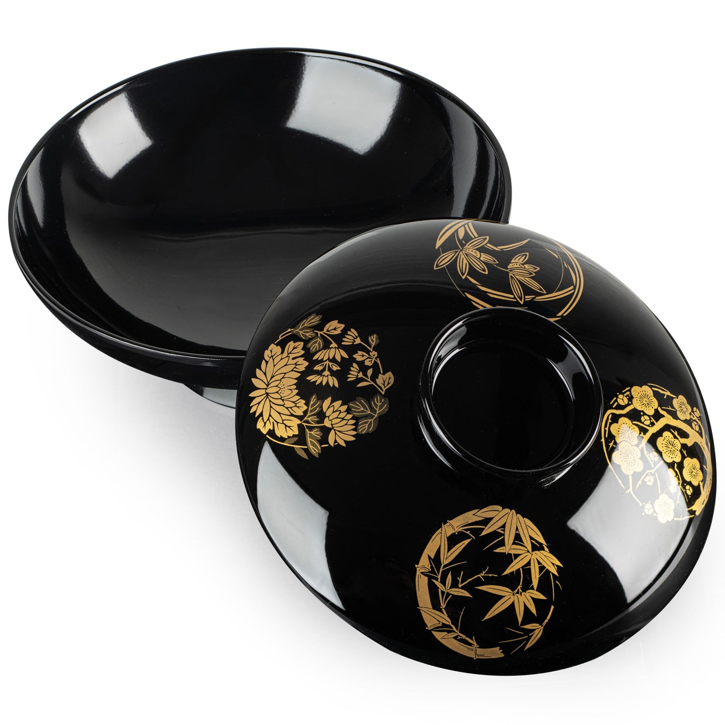 Four Gold Botanical Japanese Lacquer Bowl and Lid open