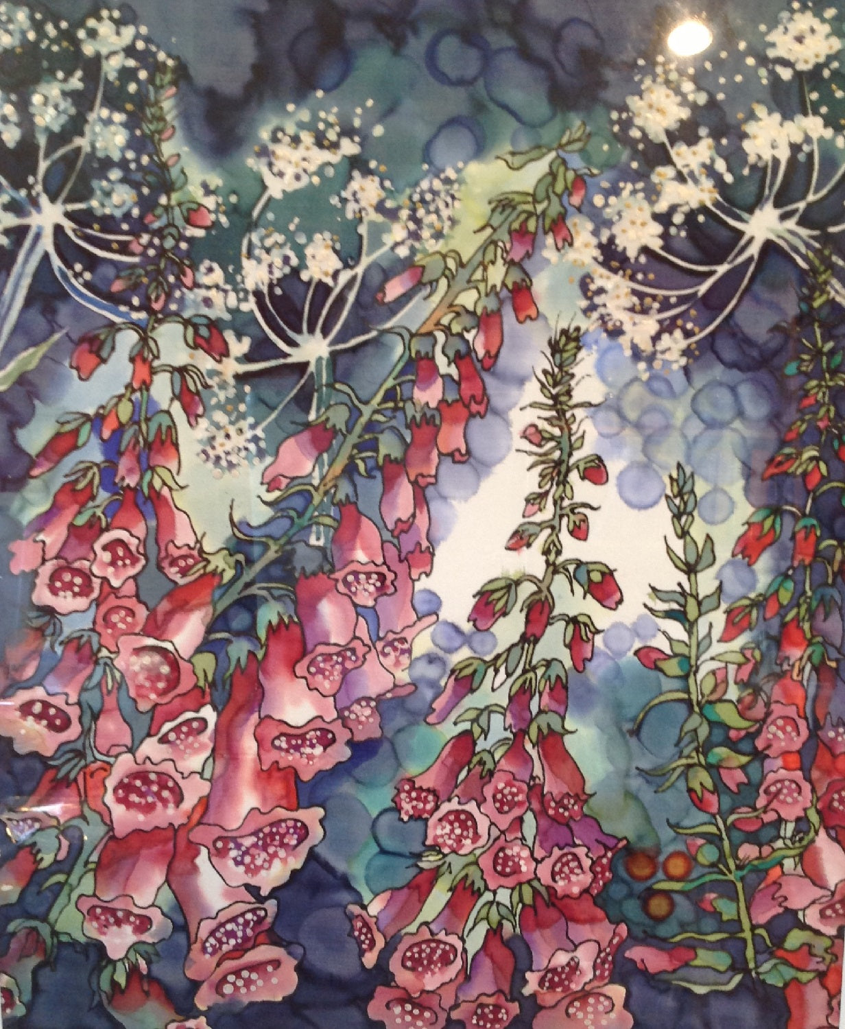 Foxgloves by Moonlight Silk Painting Greetings Card detail