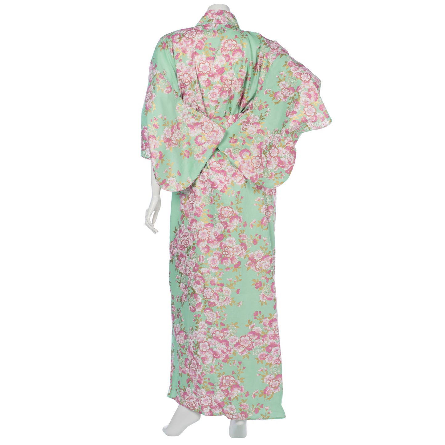 Jade Green Cherry Blossom Long Japanese Kimono back