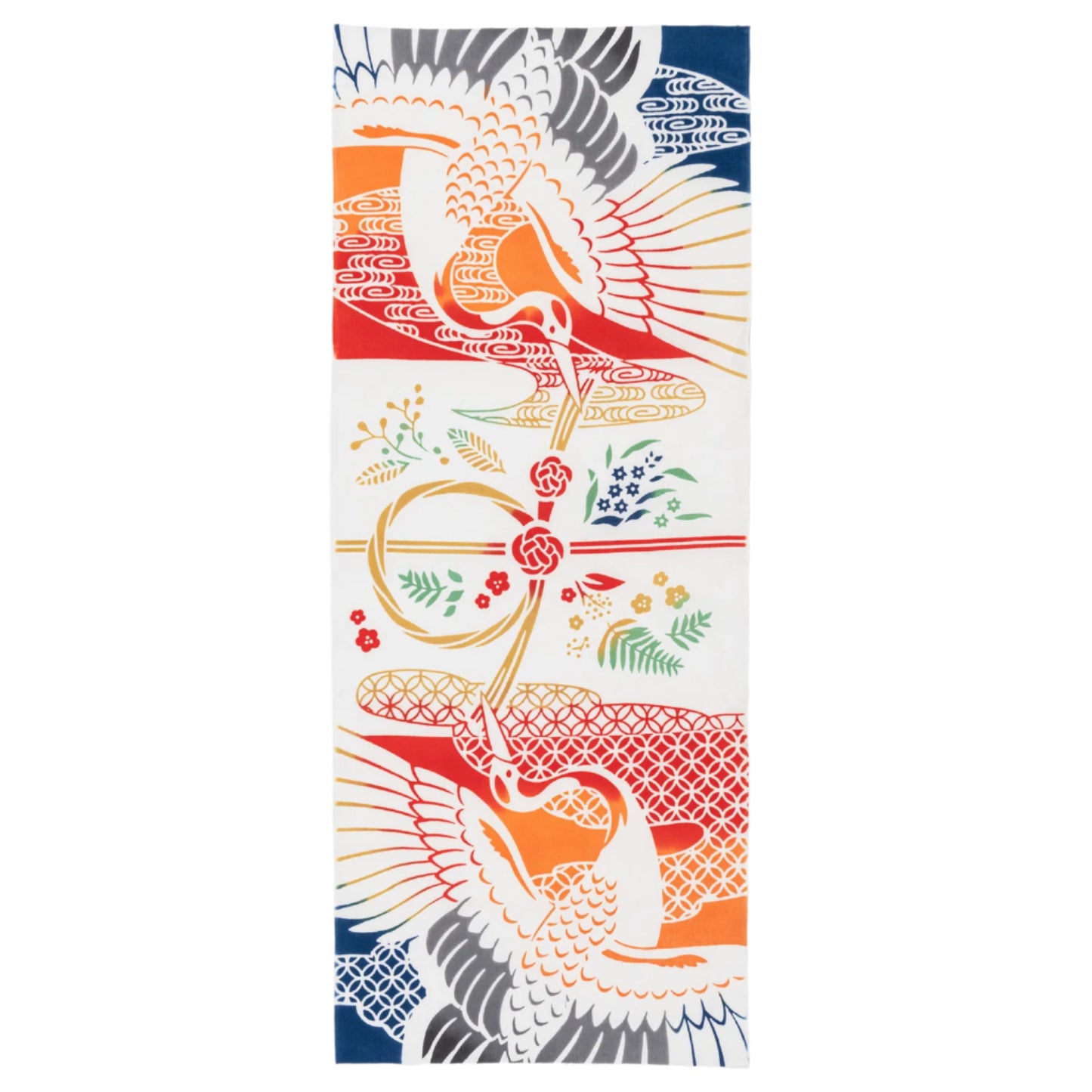 A vivid fabric design with a flying red bird amid intricate orange, blue, and white floral motifs