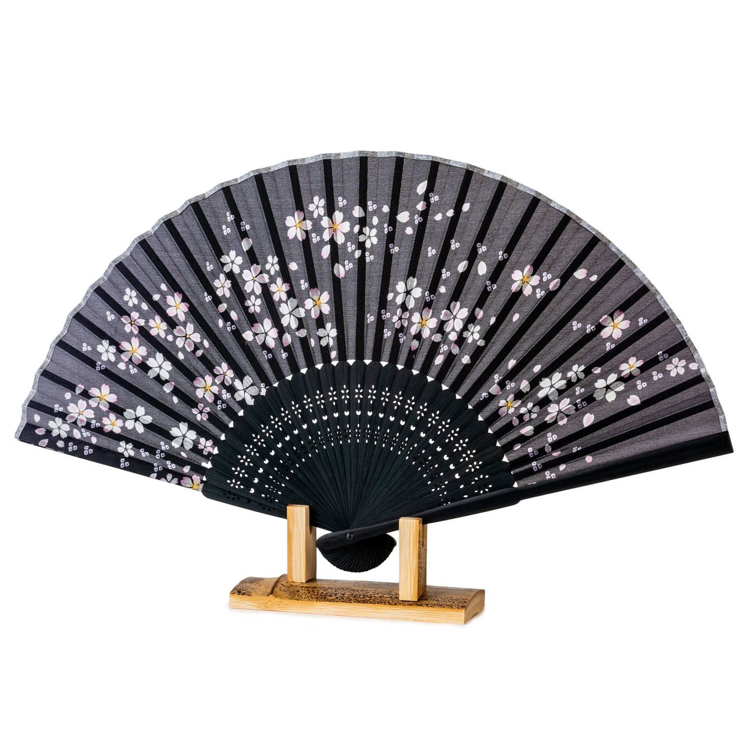 Midnight Black Sakura Japanese Folding Fan and stand