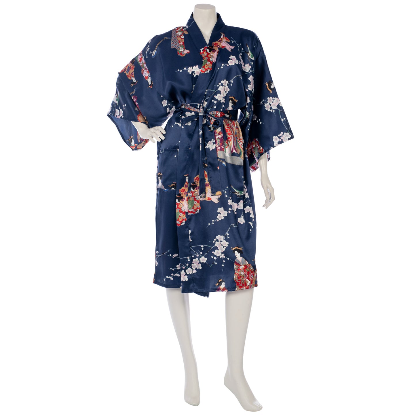 Navy blue Japanese kimono-style robe featuring traditional geisha and cherry blossom patterns, displayed on a mannequin.