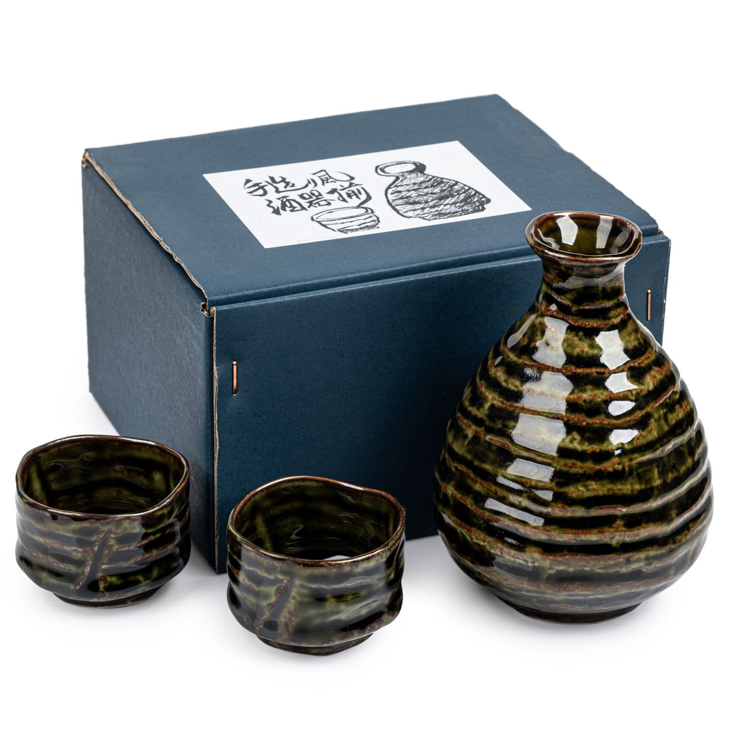 Sabi Oribe Japanese Sake Pot and Cup Gift Set and box