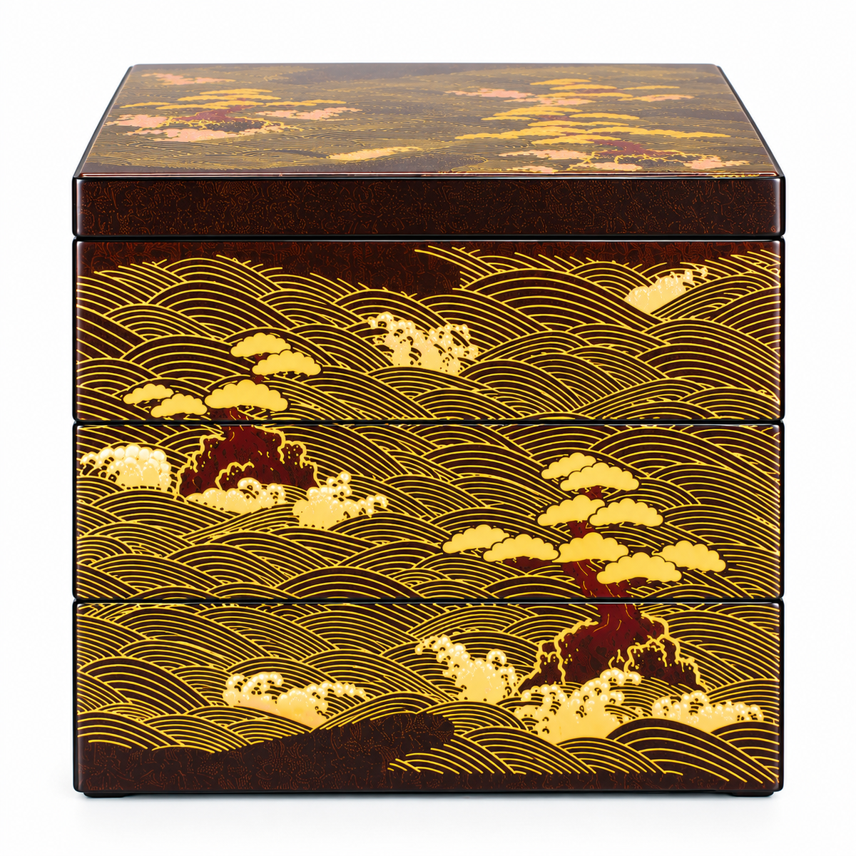 Small Matsushima 3 Tier Japanese Lacquer Box front