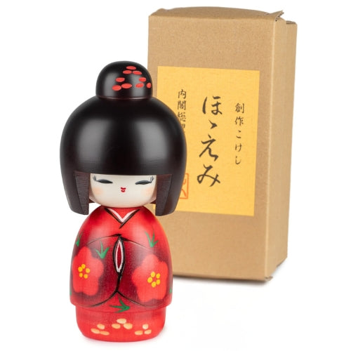 Smile Girl Red Japanese Kokeshi Doll and gift box