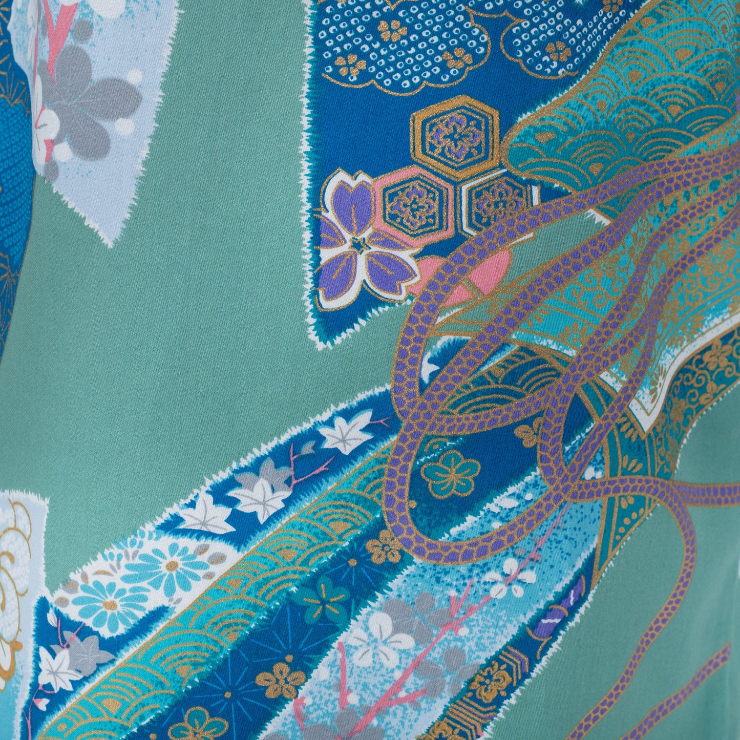 Teenage Green Ribbon Cotton Japanese Girls Kimono close up