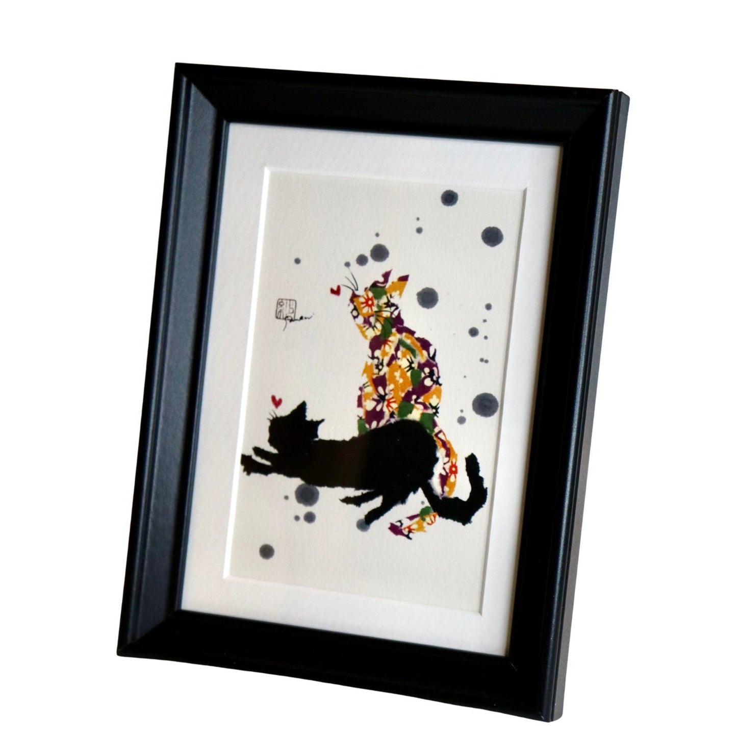 Two Cats Playing Black Frame A5 Japanese Print