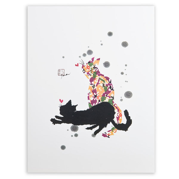 Two Cats Playing Black Frame A5 Japanese Print detail