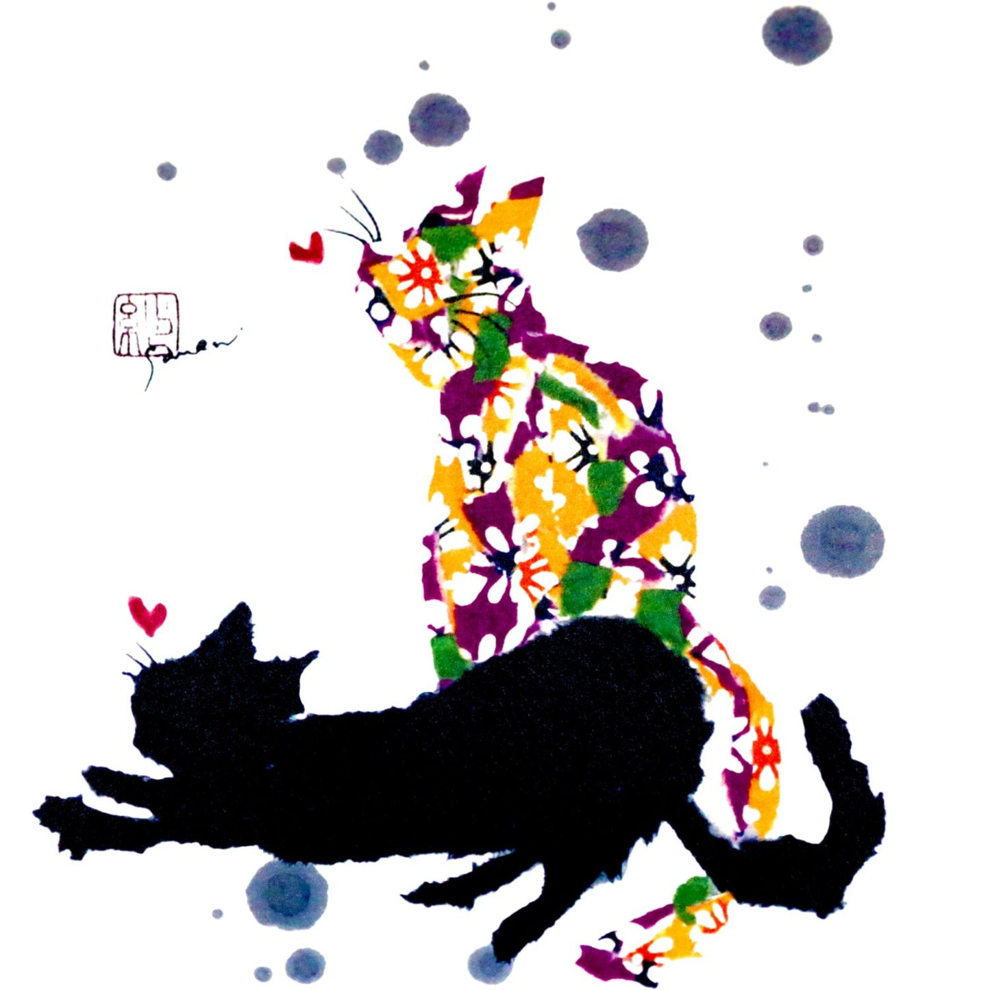 Two Cats Playing Black Frame A5 Japanese Print close up