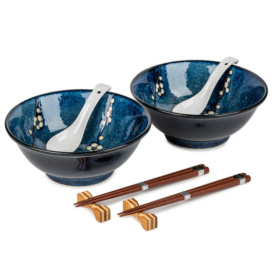 Blue Hana Cherry Blossom Japanese Ramen Bowl Set