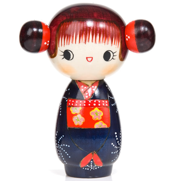 Blue Happy Girl Kawaii Kokeshi Doll