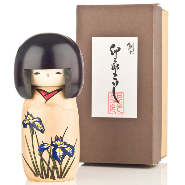 Blue Iris Painted Wood Kokeshi Doll