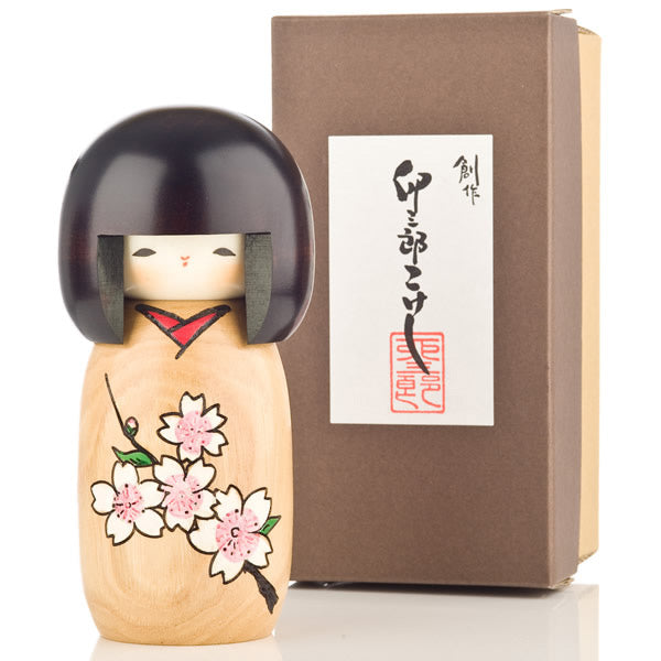 Cherry Blossom Natural Wood Kokeshi Doll