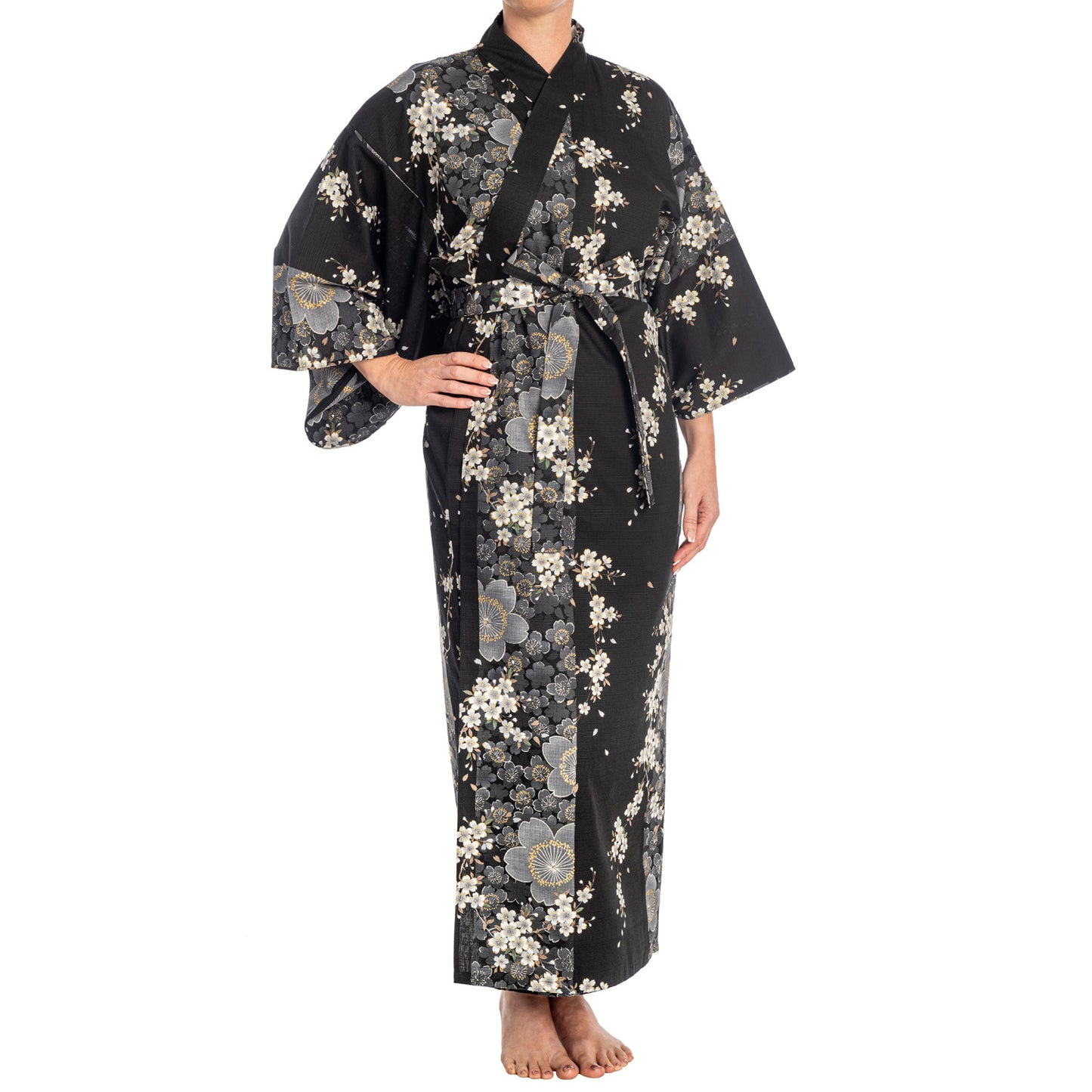 Cherry Blossom Print Long Black Yukata