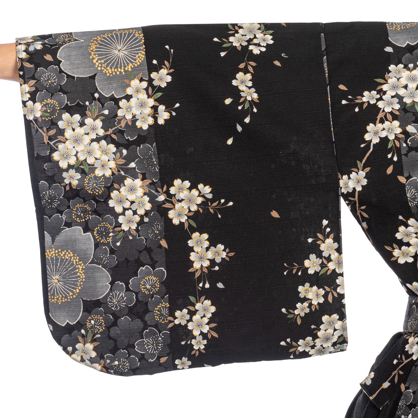 Cherry Blossom Print Long Black Yukata