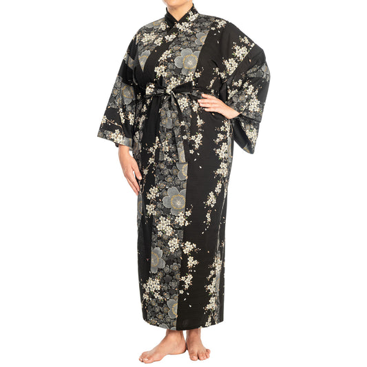 Cherry Blossom Print Long Black Yukata XL