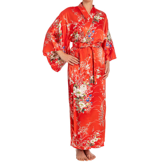 Japanese Silk Kimono Floral Print Long Red