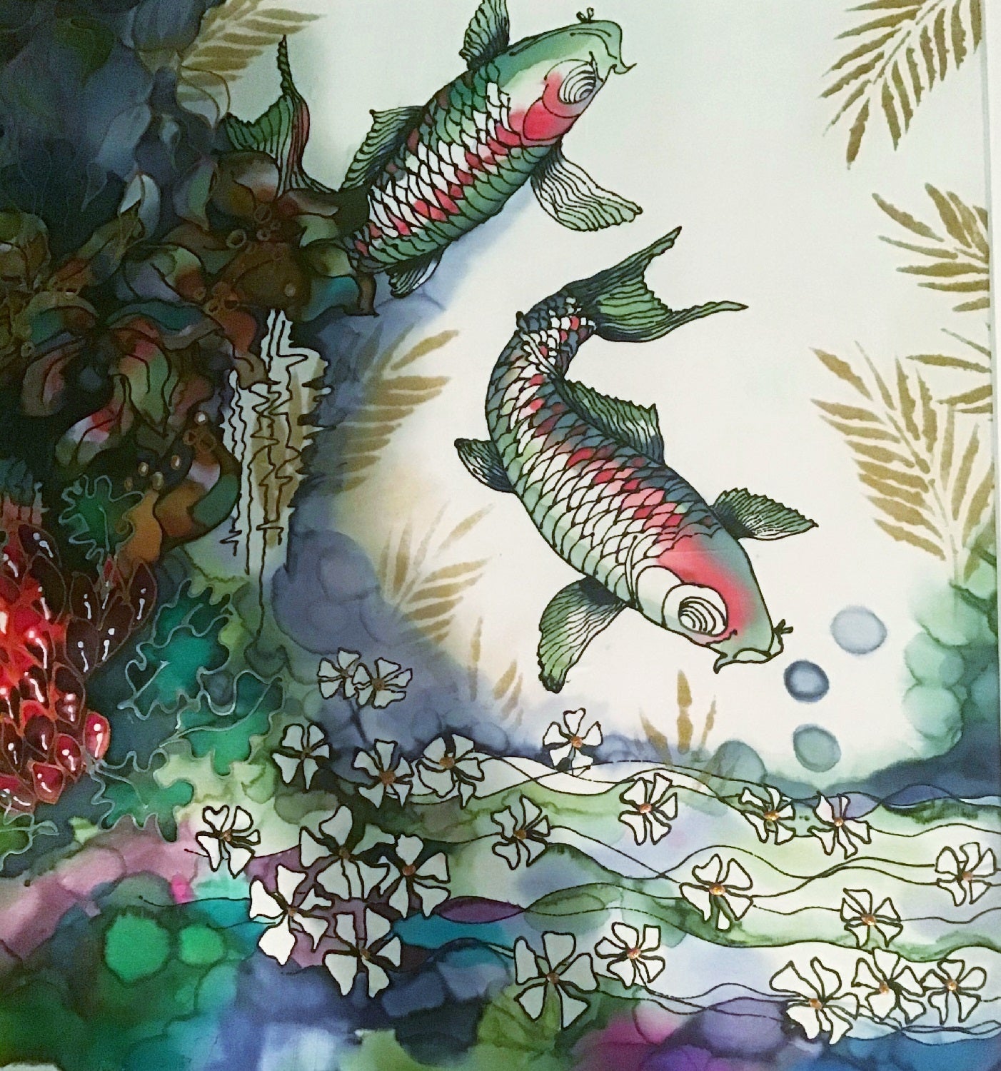 Koi in the Lake Silk Painting Greetings Card detail
