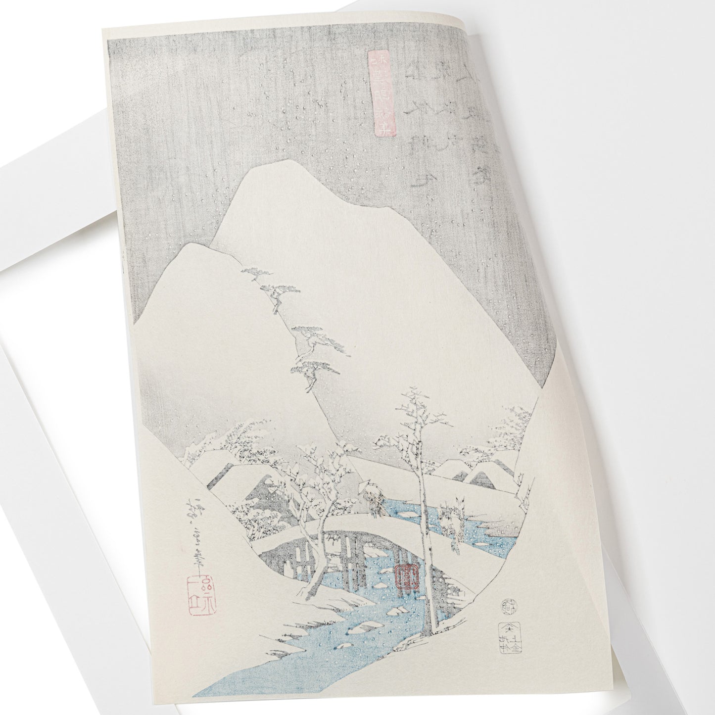 Man Crossing Bridge Japanese Woodblock Print