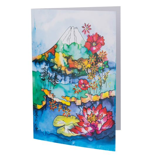 Mount Fuji and Waterlillies Silk Painting Greetings Card