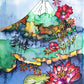 Mount Fuji and Waterlillies Silk Painting Greetings Card detail