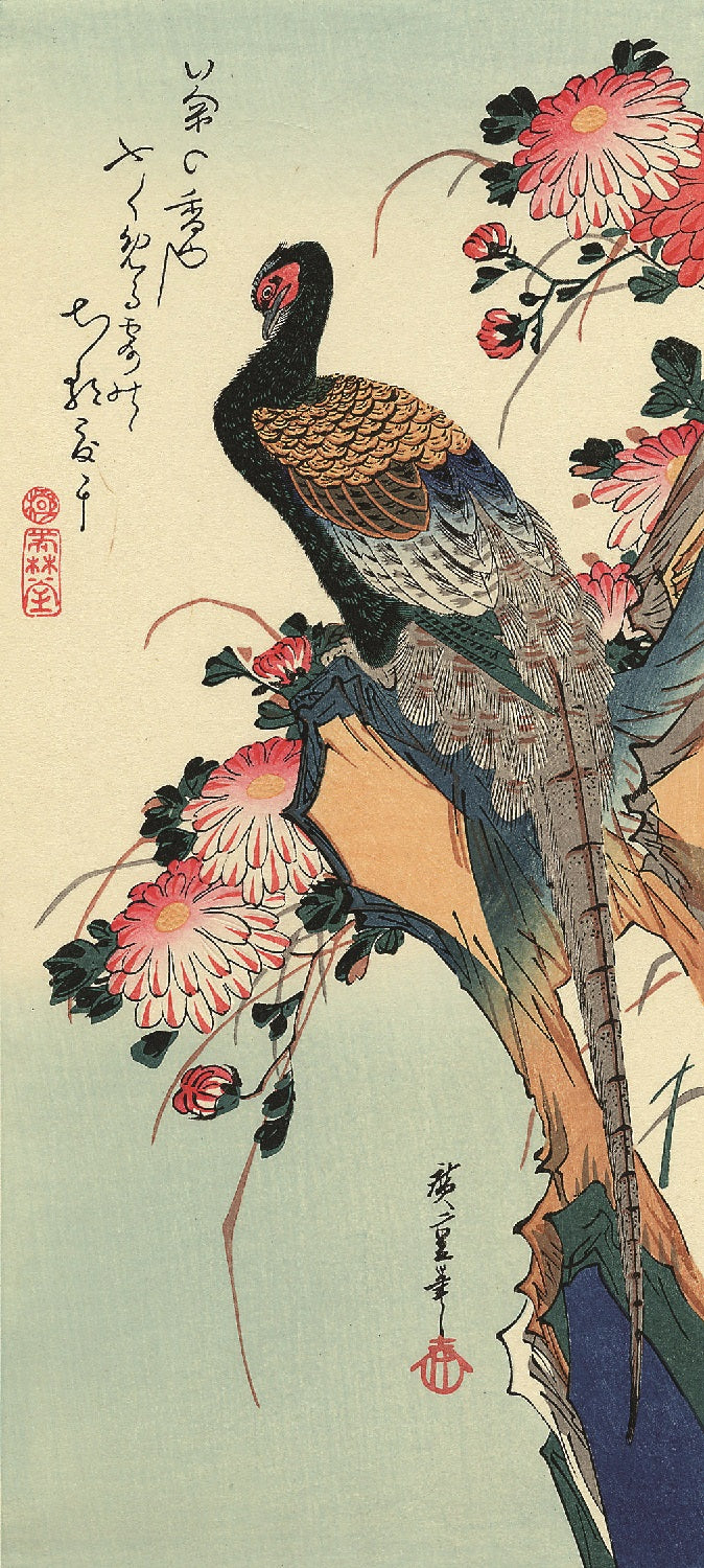 Pheasant and Chrysanthemums Hiroshige Woodblock Print