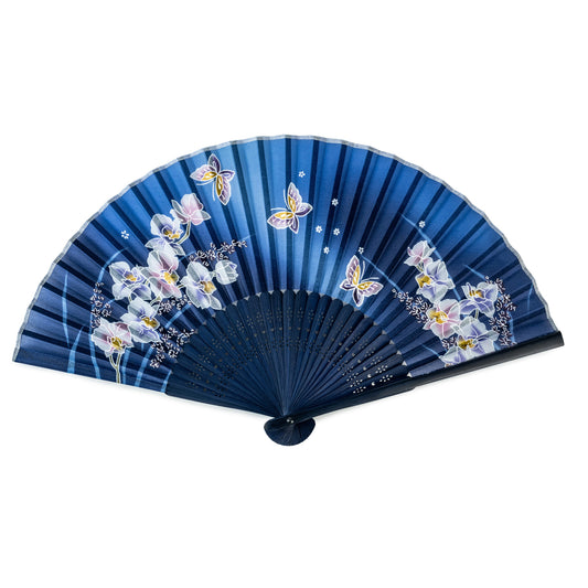 Royal Blue Butterfly and Orchid Japanese Fan