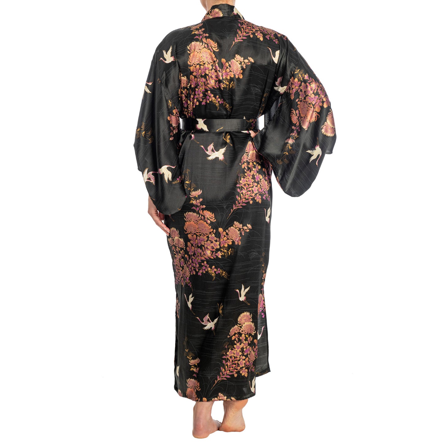 Silk Crane and Chrysanthemum Long Black Yukata