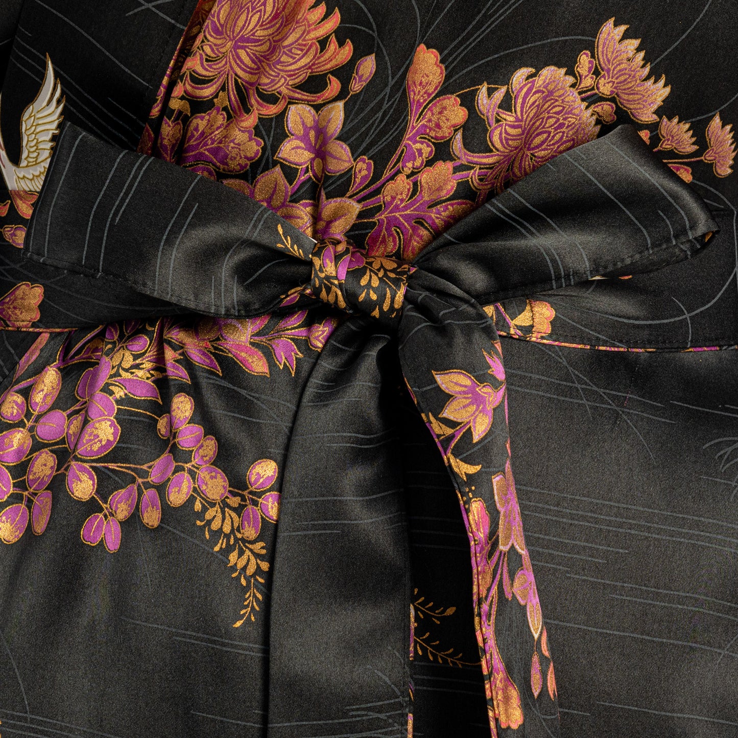 Silk Crane and Chrysanthemum Long Black Yukata