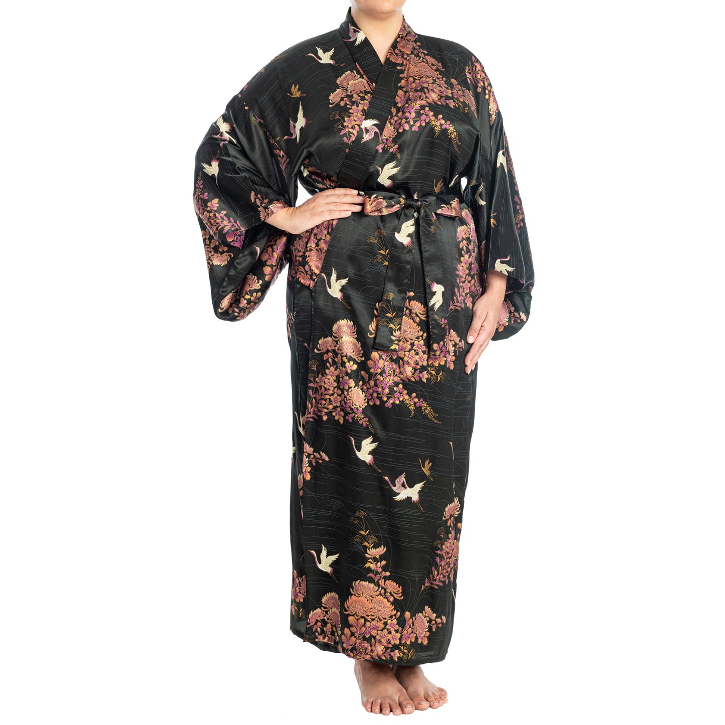 Silk Crane and Chrysanthemum Long Black Yukata XL