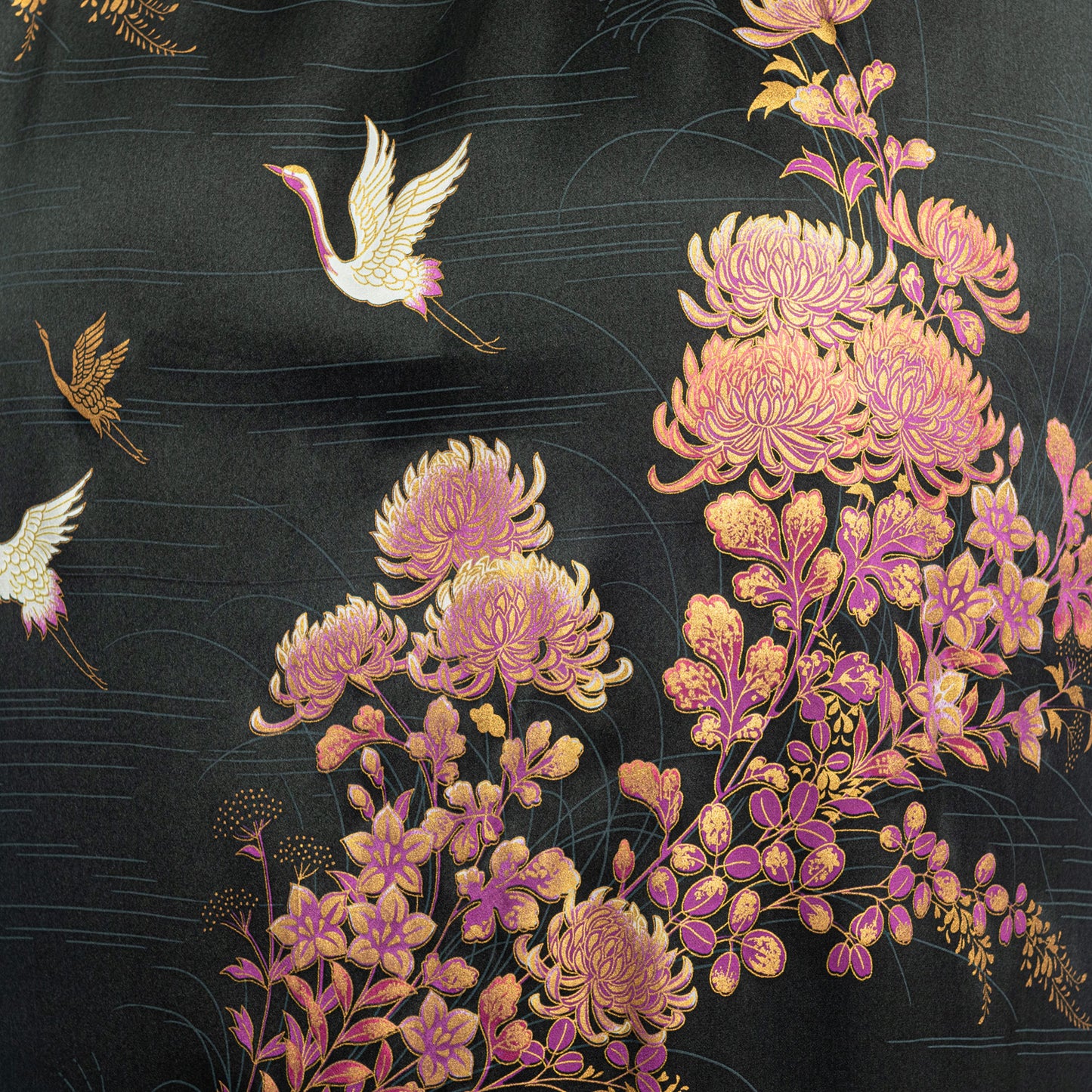 Silk Crane and Chrysanthemum Long Black Yukata XL