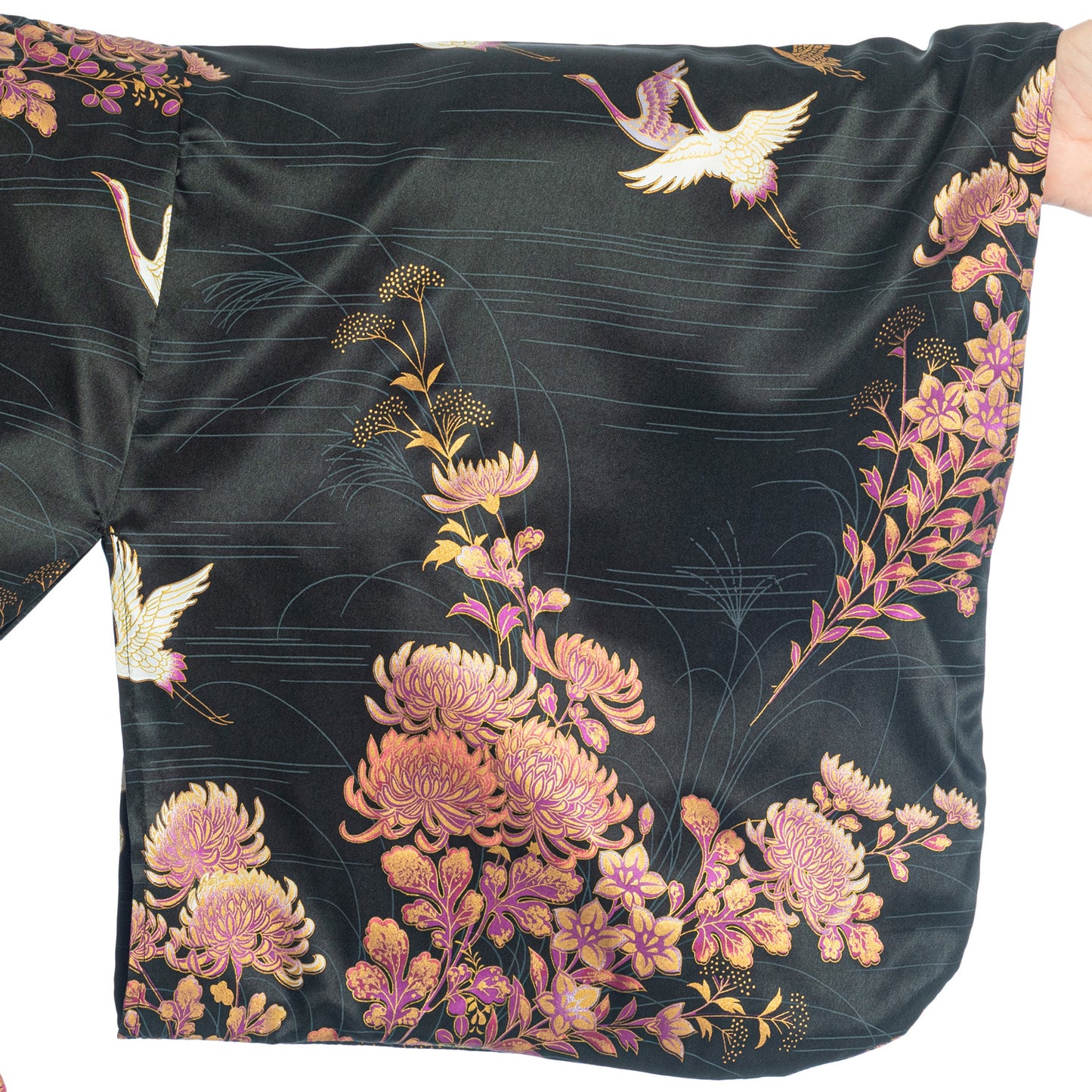 Silk Crane and Chrysanthemum Long Black Yukata XL