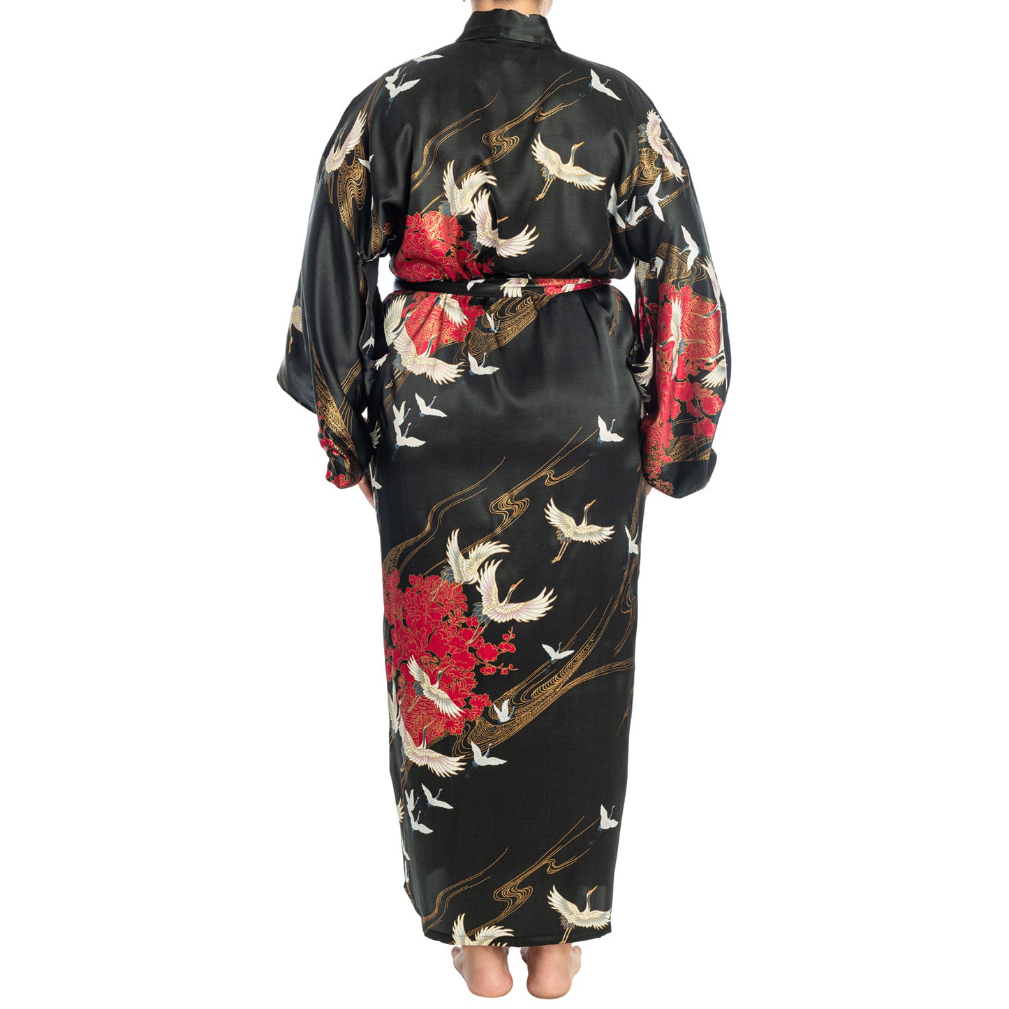 Silk Crane Print Long Black Japanese Kimono XL