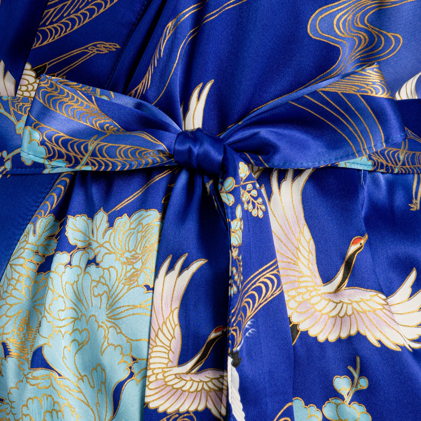 Silk Crane Print Long Blue Japanese Kimono