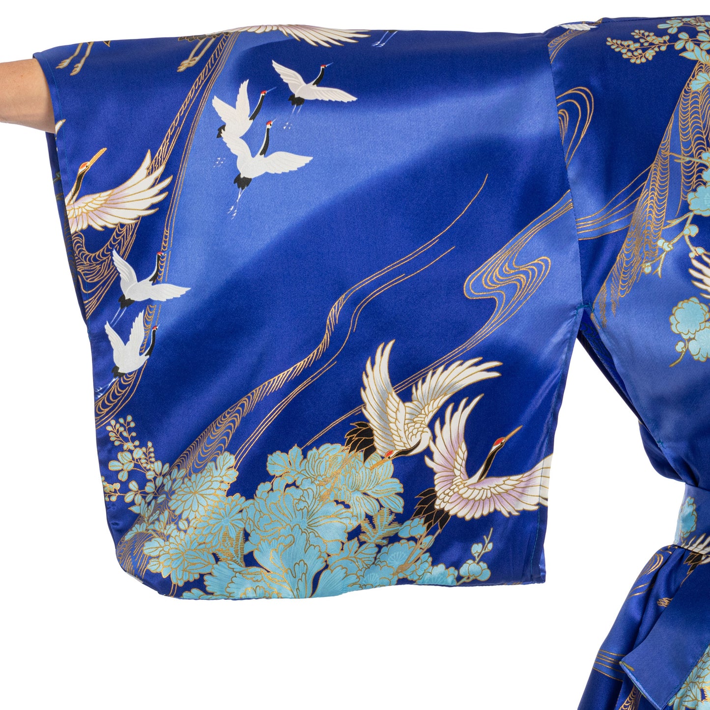 Silk Crane Print Long Blue Japanese Kimono