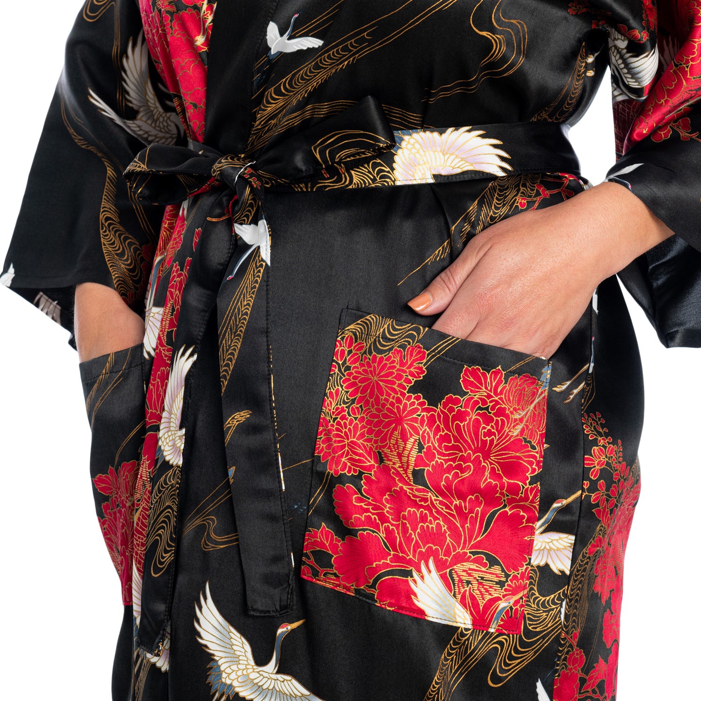 Silk Crane Print Short Black Japanese Kimono