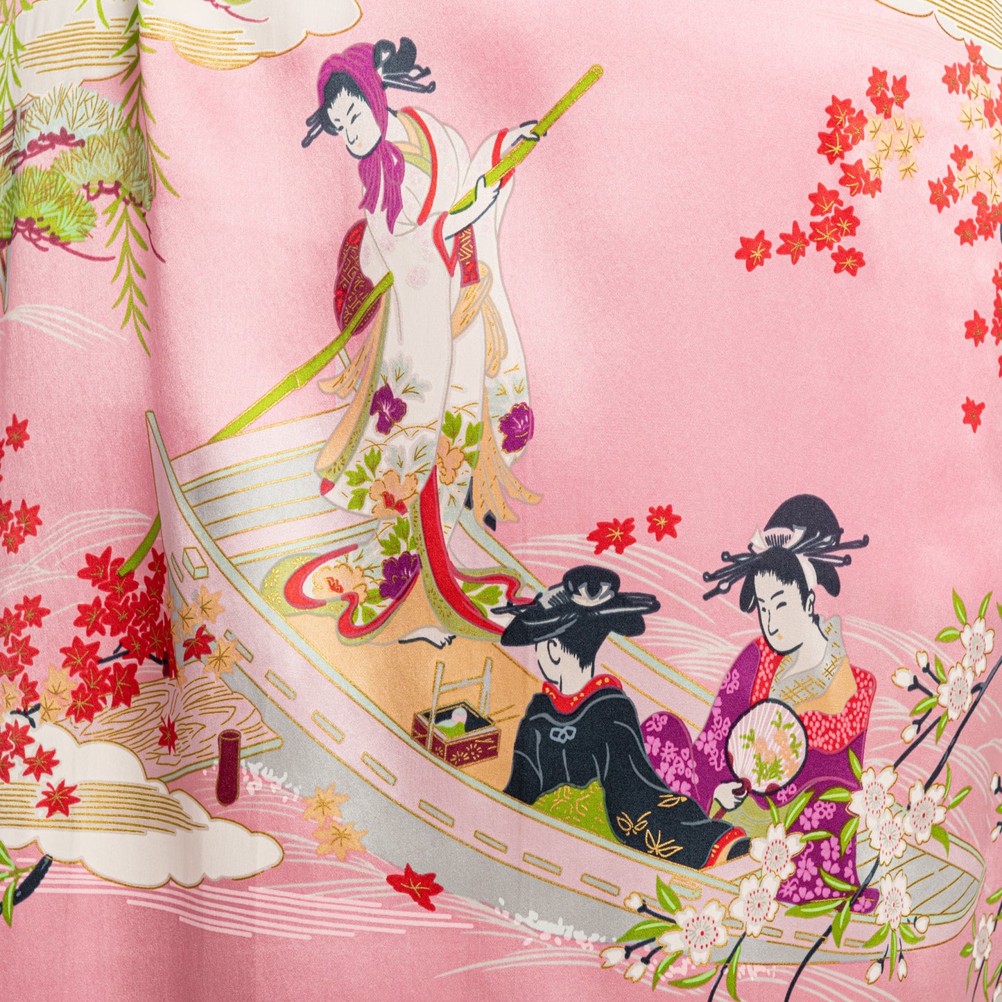 Silk Ukiyoe Print Long Pink Japanese Kimono