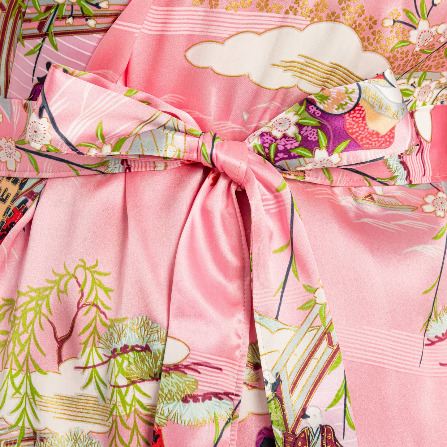 Silk Ukiyoe Print Long Pink Japanese Kimono